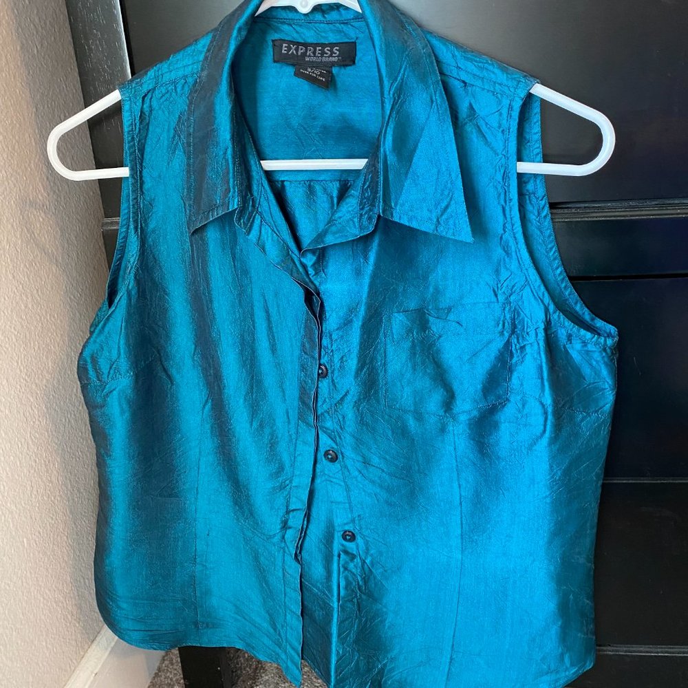 Express Blue/Aqua Silk Sleeveless Blouse